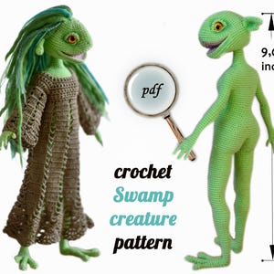 May include: Crochet pattern for a swamp creature amigurumi doll. The doll is green with a long tail and is 9 inches tall. The pattern is available as a PDF download.