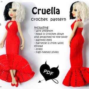 CRUELLA Häkelpuppe MUSTER in rotem Kleid