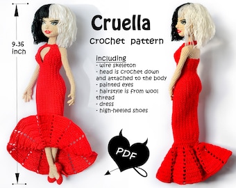 CRUELLA crochet doll PATTERN in red dress