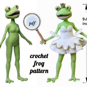 May include: A crochet pattern for a green frog wearing a white tutu and a crown. The pattern is available as a PDF download. The frog is 9 inches tall.