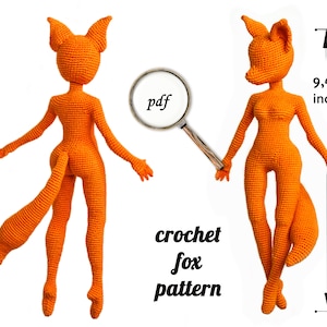 May include: Crochet pattern for a fox doll, shown in orange. The pattern is available as a PDF download. The doll is 9.45 inches tall.