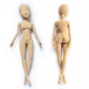 May include: A crocheted doll with a nude color, shown from the front and back. The doll has a simple design with no facial features or clothing.