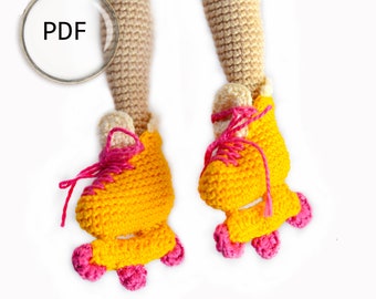 May include: Crocheted doll legs with yellow and pink roller skates. The doll is wearing yellow roller skates with pink wheels and pink laces.