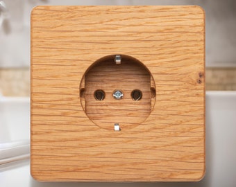 Holz Wandsteckdose + Abdeckung, Einzelsteckdose (1 Steckdose) Eichenholz naturbelassen, Stromsteckdose, Steckersteckdose