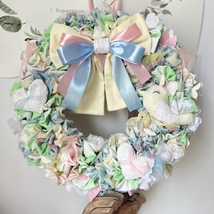 fabric wreath, home decor, upcycled textile wreath, spring summer wreath, shabby chic wreath, front door decor, wreath with bow