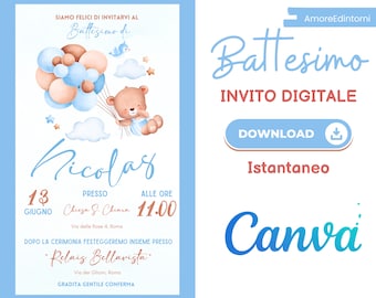 Invito Battesimo bambino orsetto palloncini, DOWNLOAD ISTANTANEO, invito digitale ideale per whatsapp. Personalizza il tuo invito con Canva.