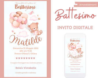 Orsetto rosa, invito digitale battesimo, ideale per whatsapp