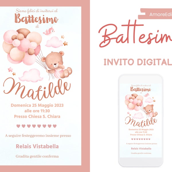 Orsetto rosa, invito digitale battesimo, ideale per whatsapp