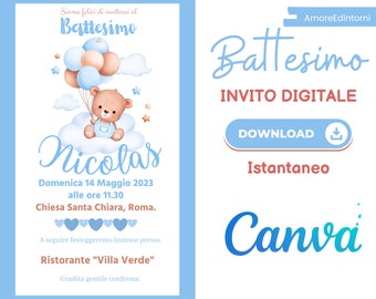 Battesimo bambino orsetto palloncini, DOWNLOAD ISTANTANEO, invito digitale ideale per whatsapp. Personalizza il tuo invito con Canva.