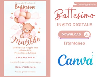 Baptism of little girl with balloon bear, INSTANT DOWNLOAD, digital invitation ideal for whatsapp. Personalize your invitation with Canva.