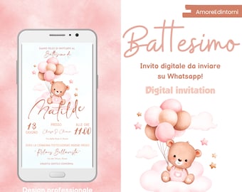 Ours en peluche de baptême rose bébé, invitation numérique, pour WhatsApp et les réseaux sociaux