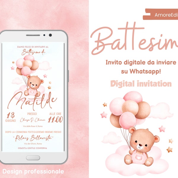Baby rosa Taufe Teddybär, digitale Einladung, für WhatsApp und soziale Netzwerke