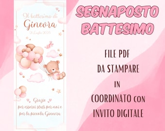 SEGNAPOSTO orsetto palloncini rosa battesimo bambina, segnaposto personalizzabile, file pdf da stampare.