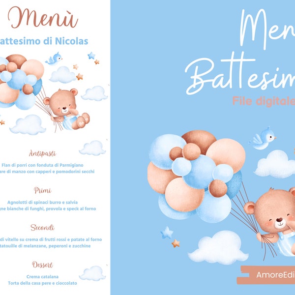 Menù DIGITALE Battesimo bambino orsetto celeste personalizzabile, da stampare in tipografia. File digitale, menù digitale.