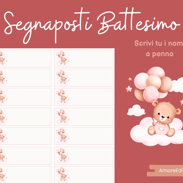 Segnaposto Battesimo bambina orsetto rosa personalizzabile, segnaposti battesimo, battesimo bimba, download istantaneo