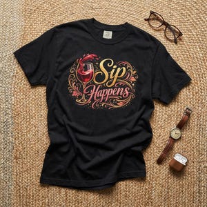 Könnte beinhalten: Schwarzes T-Shirt mit einem Wein-Themen-Design. Das Design zeigt ein Weinglas mit rotem Wein, dekorativen Schnörkeln und den Worten "Sip Happens" in Gold. Eine Brille und eine Uhr sind ebenfalls zu sehen.
