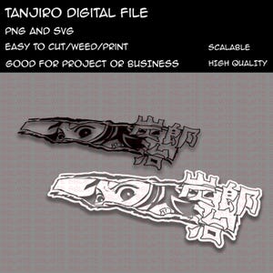 Puede incluir: Archivo digital con una ilustración en blanco y negro de los ojos de un personaje y texto japonés. El archivo está etiquetado como "TANJIRO DIGITAL FILE" y es adecuado para cortar, desmalezar e imprimir. La imagen es escalable y de alta calidad.