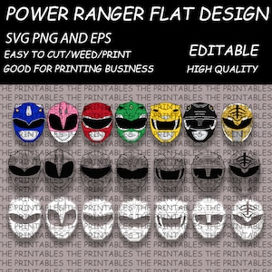 May include: A digital design featuring Power Ranger helmets in various colors, including blue, pink, red, green, and yellow. The design also includes black and gold helmets. Text at the top reads "POWER RANGER FLAT DESIGN". Additional text indicates the design is SVG, PNG, and EPS, and is easy to cut, weed, and print.
