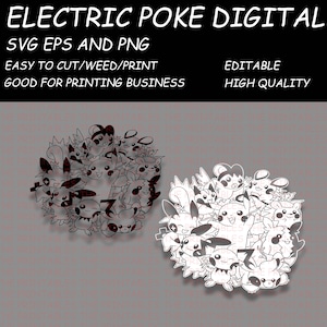 May include: Black and white line art illustration of a group of electric type Pokémon characters, including Pikachu, in a circular design.