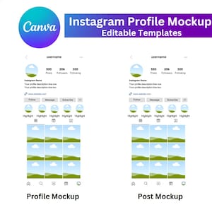 Pu&ograve; includere: Mockup di un profilo e di un post di Instagram. Il mockup del profilo mostra un nome utente, un conteggio dei post, un conteggio dei follower e un conteggio dei following. Il mockup del post mostra una griglia di nove immagini.