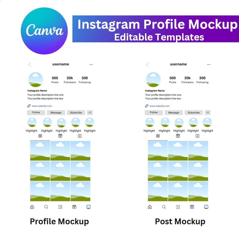 Pu&ograve; includere: Mockup di un profilo e di un post di Instagram. Il mockup del profilo mostra un nome utente, un conteggio dei post, un conteggio dei follower e un conteggio dei following. Il mockup del post mostra una griglia di nove immagini.