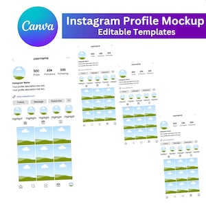 Pu&ograve; includere: Un mockup di una pagina di profilo Instagram con uno sfondo bianco e un'icona di paesaggio verde e blu. La pagina del profilo include il nome utente, il numero di post, follower e seguiti, nonch&eacute; pulsanti per seguire, inviare un messaggio e iscriversi. La pagina del profilo include anche una sezione per i momenti salienti, che vengono visualizzati in una griglia di nove quadrati.