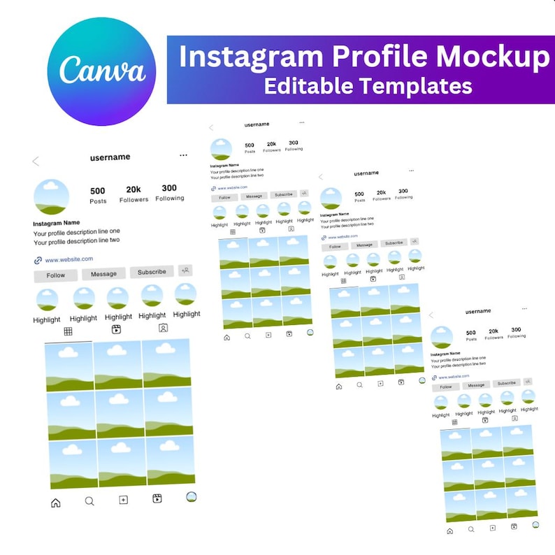 Pu&ograve; includere: Un mockup di una pagina di profilo Instagram con uno sfondo bianco e un'icona di paesaggio verde e blu. La pagina del profilo include il nome utente, il numero di post, follower e seguiti, nonch&eacute; pulsanti per seguire, inviare un messaggio e iscriversi. La pagina del profilo include anche una sezione per i momenti salienti, che vengono visualizzati in una griglia di nove quadrati.