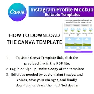 Pu&ograve; includere: Un modello Canva per un mockup di profilo Instagram. Il modello presenta un cielo blu e bianco con colline verdi e nuvole. Il testo "Come scaricare il modello Canva" &egrave; in nero. I passaggi per scaricare il modello sono elencati sotto il testo.