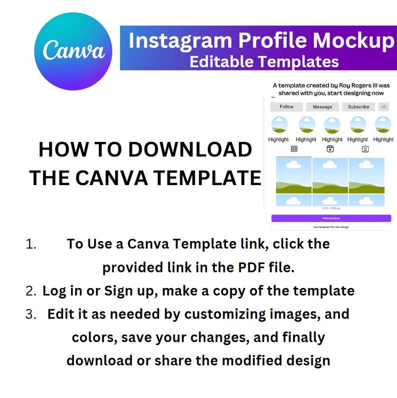 Pu&ograve; includere: Un modello Canva per un mockup di profilo Instagram. Il modello presenta un cielo blu e bianco con colline verdi e nuvole. Il testo "Come scaricare il modello Canva" &egrave; in nero. I passaggi per scaricare il modello sono elencati sotto il testo.