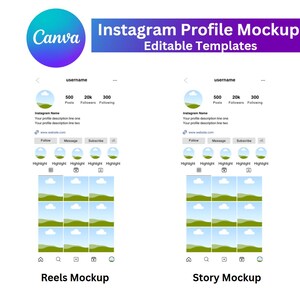 Pu&ograve; includere: Un mockup di una pagina di profilo Instagram con uno schema di colori blu e verde. Il profilo mostra una griglia di 9 immagini, un'intestazione con il nome utente, il conteggio dei post, il conteggio dei follower e il conteggio dei following, nonch&eacute; una sezione per i punti salienti. Il testo "Reels Mockup" si trova sotto la griglia di immagini. Il profilo mostra anche una sezione per le storie con una griglia di 9 immagini e il testo "Story Mockup" sotto la griglia.
