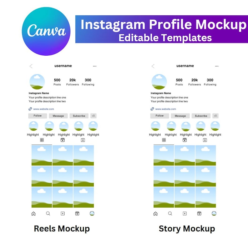 Pu&ograve; includere: Un mockup di una pagina di profilo Instagram con uno schema di colori blu e verde. Il profilo mostra una griglia di 9 immagini, un'intestazione con il nome utente, il conteggio dei post, il conteggio dei follower e il conteggio dei following, nonch&eacute; una sezione per i punti salienti. Il testo "Reels Mockup" si trova sotto la griglia di immagini. Il profilo mostra anche una sezione per le storie con una griglia di 9 immagini e il testo "Story Mockup" sotto la griglia.