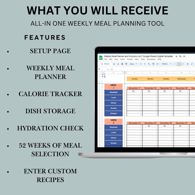 Weekly Meal Planner and Grocery List | Google Sheets Digital Template ...