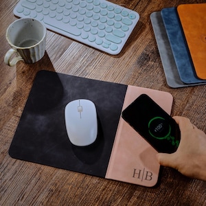 Personalized Leather Mousepad with Phone Charger, Custom Office Desk Accessory, Engraved Boss Gift, Coworker Gift, Teacher, Graduation Gift