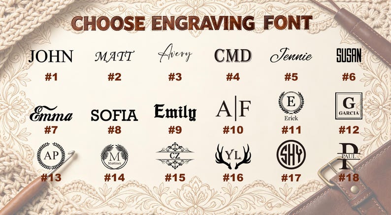 May include: A chart titled CHOOSE ENGRAVING FONT displaying eighteen distinct font and monogram styles numbered 1 through 18. The options include various serif, sans-serif, script, and decorative designs featuring names, initials, and graphic elements.