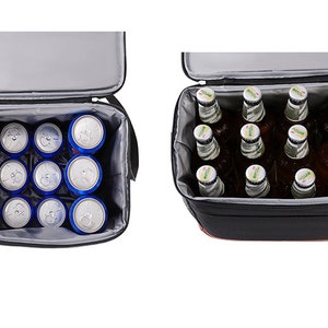 May include: A black insulated cooler bag with a zippered top. The cooler bag is open and filled with 12 blue cans and 12 brown glass bottles.