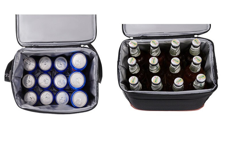 May include: A black insulated cooler bag with a zippered top. The cooler bag is open and filled with 12 blue cans and 12 brown glass bottles.
