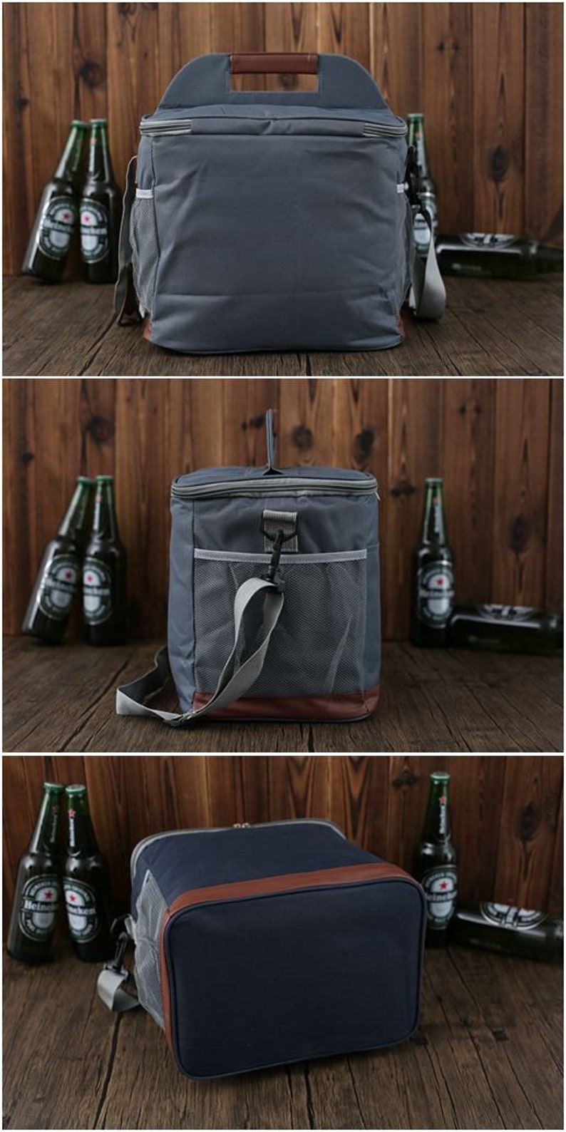 May include: A gray canvas cooler bag with brown leather accents and a mesh pocket. The cooler bag has a top handle and a shoulder strap. The cooler bag is sitting on a wooden surface.