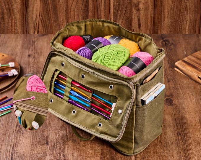 Personalization Canvas knitting bag, Gift For knitter, Yarn Storage Organizer, Canvas Yarn Bag, Needle Storage Bag, Sewing Project Organizer