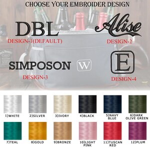 May include: A selection of 12 embroidery thread colors for a cooler bag. The colors are white, silver, ivory, black, navy blue, dark olive green, teal, gold, bronze, light pink, tuscan red, and plum. The image also shows four different embroidery designs: DBL, Alise, SIMPOSON, and E.