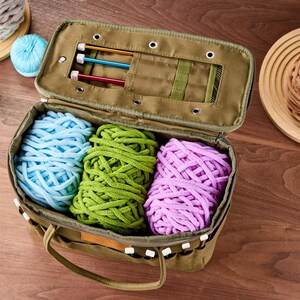 May include: An open olive green craft bag filled with blue, green, and purple yarn. Knitting needles are stored in the lid. Additional yarn balls in white, light blue, and green are on the wooden surface.