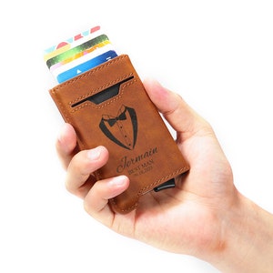 Supporto per smart card in pelle personalizzato, regalo per sposi, regali per uomini, supporto per carte sottile personalizzato con clip elastica per soldi, miglior regalo uomo
