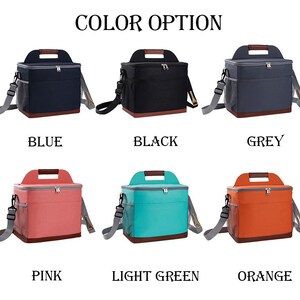 May include: Six insulated lunch bags in different colors: blue, black, grey, pink, light green, and orange. Each bag has a top handle, a shoulder strap, and a zippered closure.  COLOR OPTION is written at the top of the image.