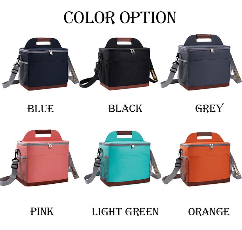 May include: Six insulated lunch bags in different colors: blue, black, grey, pink, light green, and orange. Each bag has a top handle, a shoulder strap, and a zippered closure.  COLOR OPTION is written at the top of the image.