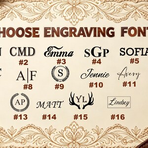 May include: A beige background displays various engraving font options. The text "CHOOSE ENGRAVING FONT" is at the top. Examples include names, initials, and dates, each with a corresponding number. Crochet and leather accents frame the display.