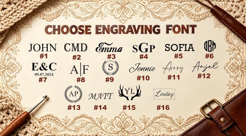 May include: A beige background displays various engraving font options. The text "CHOOSE ENGRAVING FONT" is at the top. Examples include names, initials, and dates, each with a corresponding number. Crochet and leather accents frame the display.