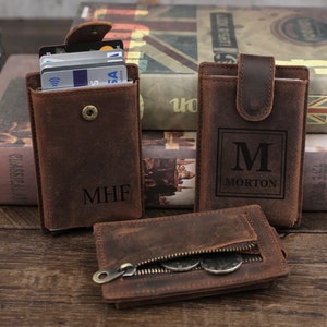 Cadeau voor mannen, gegraveerde portemonnee, kaarthouder, huwelijksgeschenken, voorzak fijne lederen portemonnee, gegraveerde kaarthouder met naam, cadeau voor hem