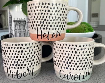 Personalised Chunky Mug: Black Dot Pattern, VINYL Name