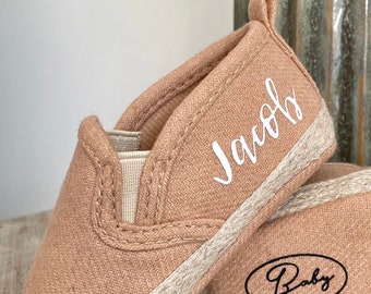 Personalised Espadrille Style Shoe in a Pale Brown Colour & Personalised with a Name of Your Choice.