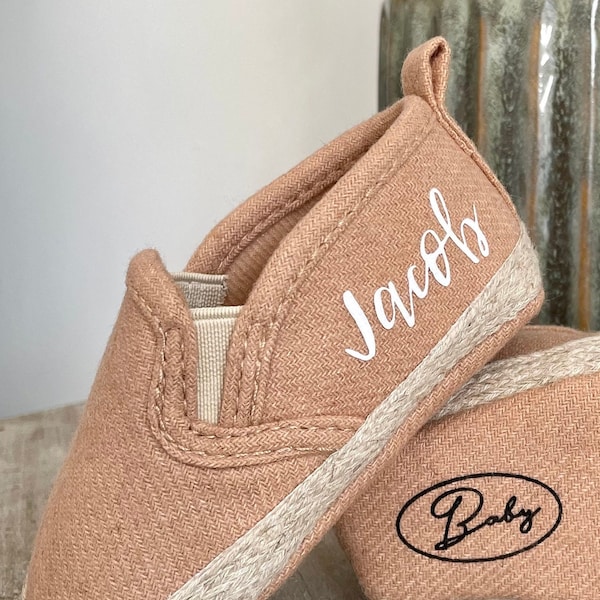 Personalised Espadrille Style Shoe in a Pale Brown Colour & Personalised with a Name of Your Choice.