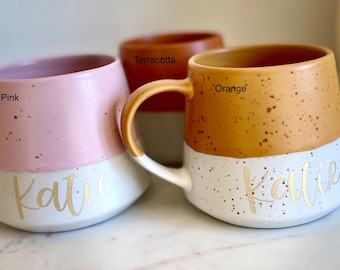 Personalised Two-Tone Belly Mug. Colour Choice of Terracotta, Dusty Pink or a Dirty Orange with Name of your Choice in a Gold or Black Text.